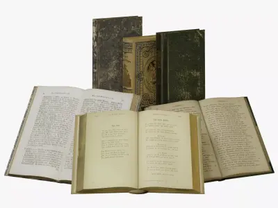 3 Worn Ancient Books - closed and opened Low-poly 3D model