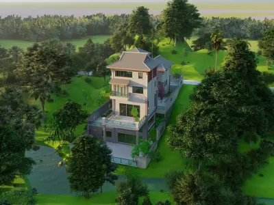A Chinese style villa built on the mountain 3D model
