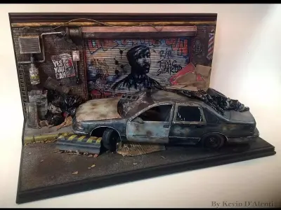 abandoned car street diorama 3D print model