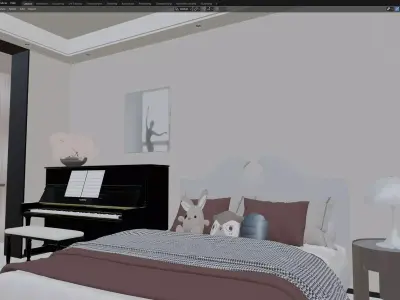 Warm Modern Bedroom with Study Desk and Piano 3D model