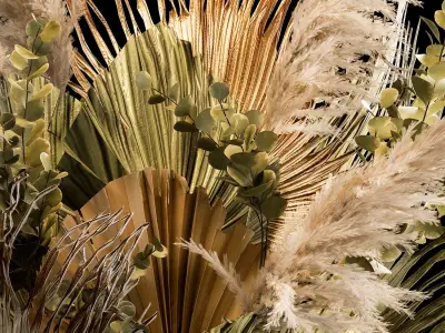 Bouquets of dried flowers with palm leaves in a basket 3D model
