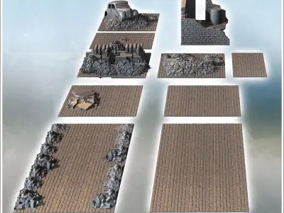 Set of urban ruins with debris car carcass and cobbled street 4  3D print model