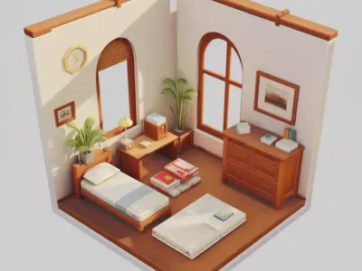 Cozy Bedroom Interior 3D Cartoon Room Wooden Furniture Plants Low-poly 3D model