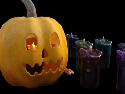 Halloween pumpkins and candles Low-poly 3D model