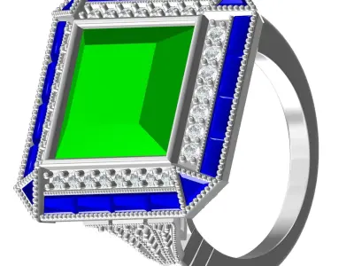Fancy Green Princess and Blue Baguette Diamond Art Deco Ring 3D print model