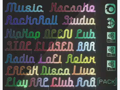Detailed Words Neon Banners Nameplates PACK 3D Model Collection