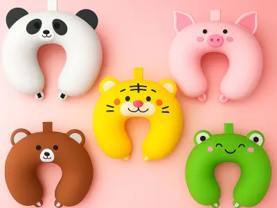 Set 5 Cartoon Animal U-Shaped Neck Pillow Low-poly 3D model
