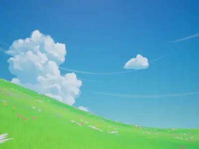 Ghibli Grass and Flowers with Clouds Stylized Field for UE5 Low-poly 3D model