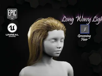 Long Wavy Light Hairstyle Groom For UE4 Low-poly 3D model