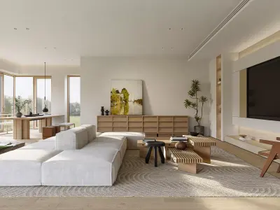Natural living room and dining room interior 3D model