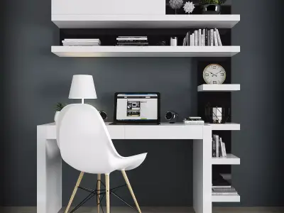 Workplace office desk with bookshelves Low-poly 3D model