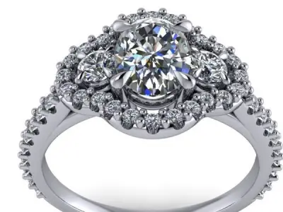 3 Stone Oval Cut Anniversary Ring Halo Side Accent Stones 3D print model