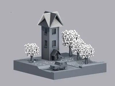 Low Poly - Antumn house with trees and car Low-poly 3D model