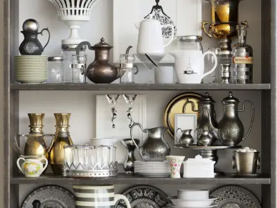 Set-189 bookcase filled with china and silverware 3D model