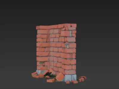 Collapsed Brick Barrier  Damaged Wall with Exposed Rebar Low-poly 3D model