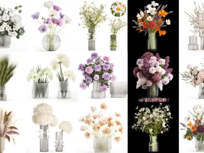 Collection of flower bouquets and vase set of 36 pieces 3D model