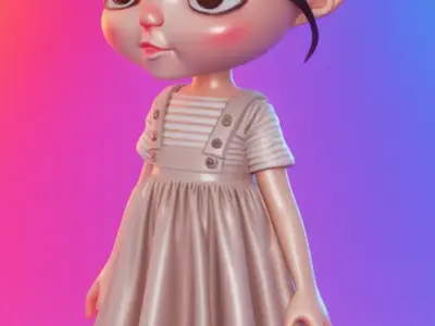 Cute Cartoon Girl 3D Sweet Character Pigtails Striped Dress Low-poly 3D model