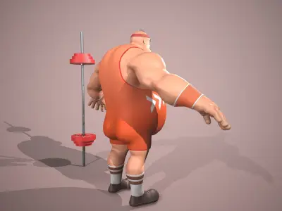 Weightlifter cartoon character holding barbell Low-poly 3D model