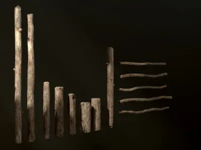 Old Wooden Poles and Planks 13 pieces Low-poly 3D model