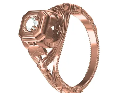 Unique Single Stone engraving Art Deco Ring 3D print model