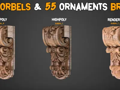 20 Corbels and 55 Ornamental Brush 3D Model  Tutorials  Vol 15 Low-poly 3D model