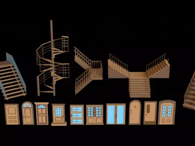 Low poly stairs and doors Low-poly 3D model