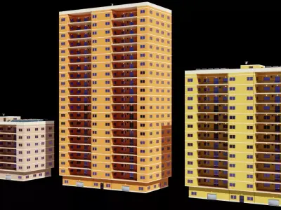 3 Realistic residential city building  Low-poly 3D model