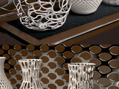 Vases 3d print four on wooden shelf 3D model