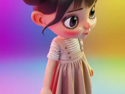 Cute Cartoon Girl 3D Sweet Character Pigtails Striped Dress Low-poly 3D model