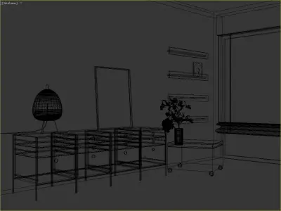 Scandinavian Living Room with Modular Dresser and Paper Lanterns 3D model