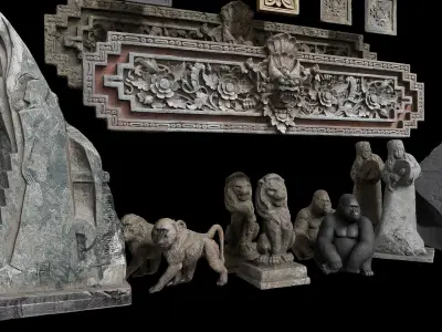 Set of old statues and ethnic deities Low-poly 3D model