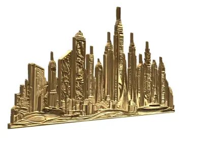 Futuristic Cityscape Relief wall panel decor set 01 3D print model