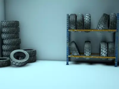 Car tires and a shelf for them Low-poly 3D model
