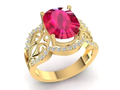 Classic Oval Gemstone Ring with Filigree Design 3D Model 1714 3D print model