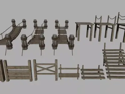 Wood Set braided rope Low-poly 3D model