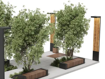 Urban Environment Urban Furniture Green Benches Low-poly 3D model