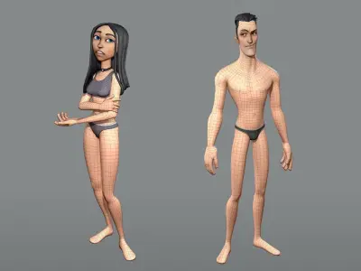 Male and female cartoon characters base mesh Low-poly 3D model