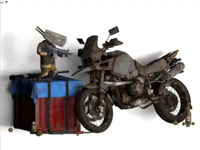 3D rendered scene featuring a rusty motorcycle Low-poly 3D model