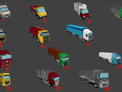 Pack of 13 Trucks  Low-poly 3D model