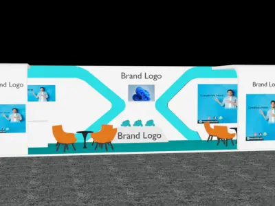 Futuristic booth design with cyan LED accents and modern layout 3D model