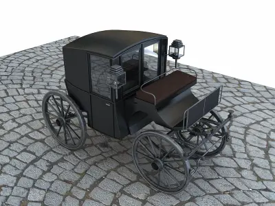 brougham horse drawn carriage on cobblestone street 3D model