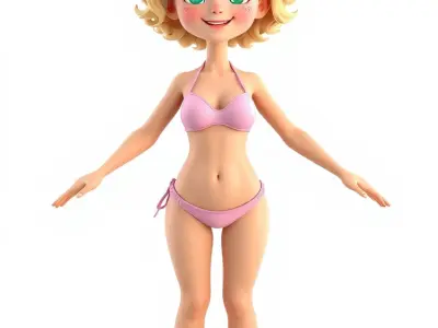 Animated Cartoon Female Character Model in Swimsuit Rigged an... Low-poly 3D model
