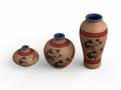 Madhubani Coral Terracotta Pots  Low-poly 3D model
