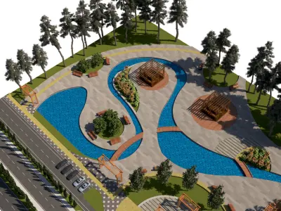 Dynamic Urban Park with Winding Water Features 3D Model Low-poly 3D model