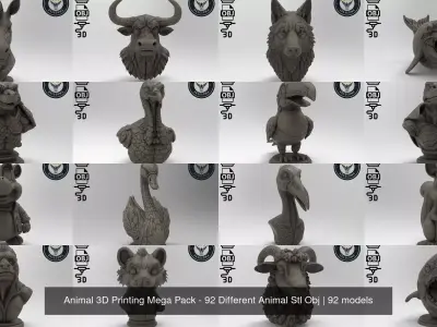 Animal 3D Printing Mega Pack - 92 Different Animal Stl Obj 3D Model Collection