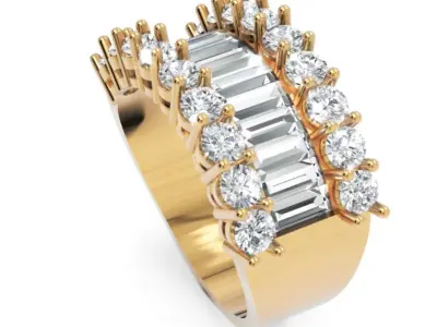 Luxury Wide Diamond Ring 3D Model Baguette and Round Cut Stones 3D print model