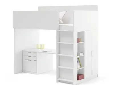 White Bunk Bed with Desk 3D model