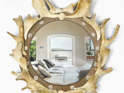 Antler and Wood Mounted Convex Mirror 3D model
