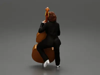 Beautiful young woman musician sitting on a vintage double bass 3D print model