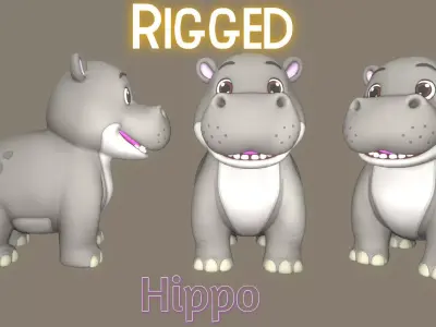 Rigged Cute Playful Grey Hippo Low-poly 3D model